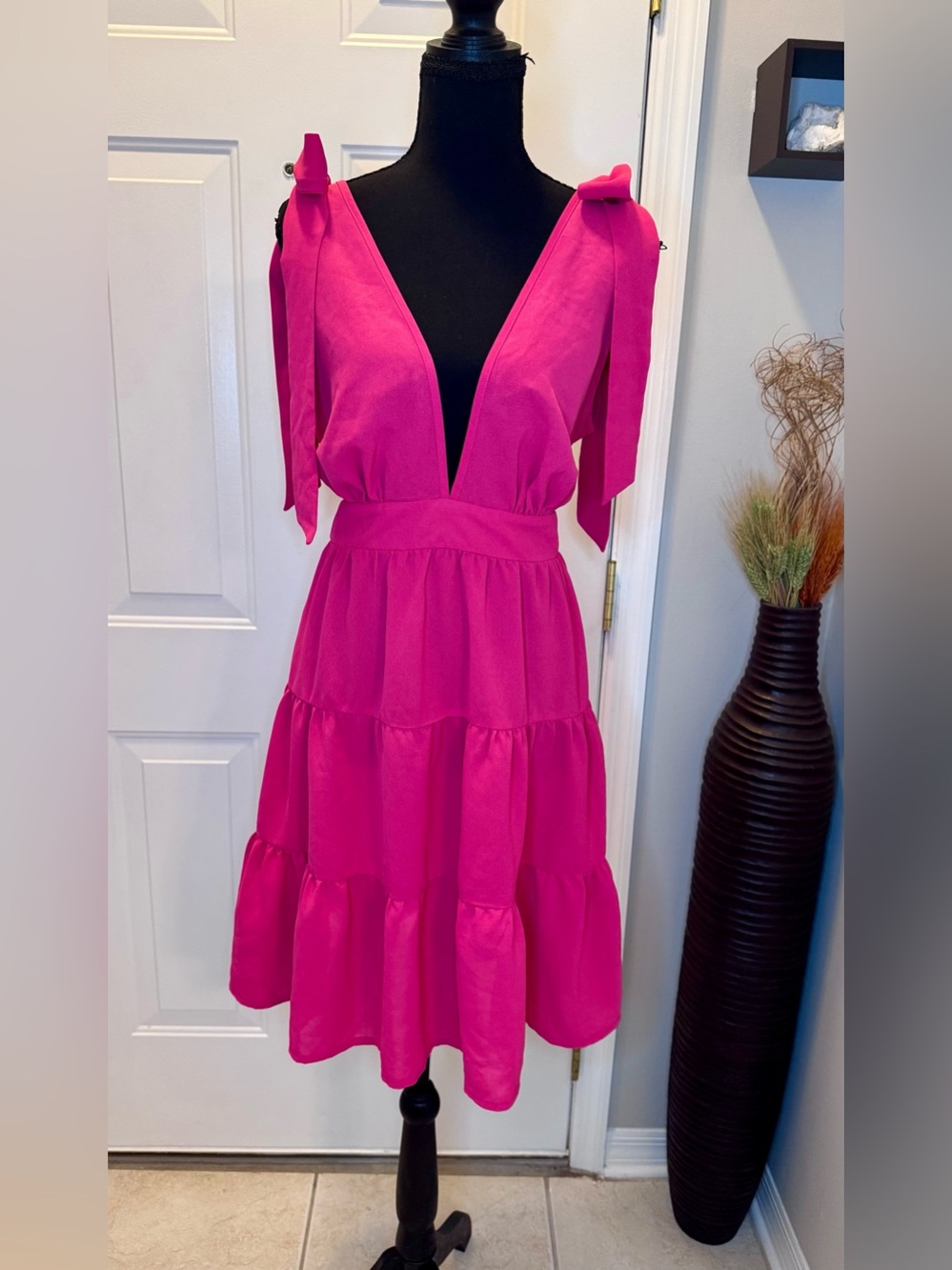 SHEIN Hot Pink Tie-Shoulder Tiered V-Neck Dress